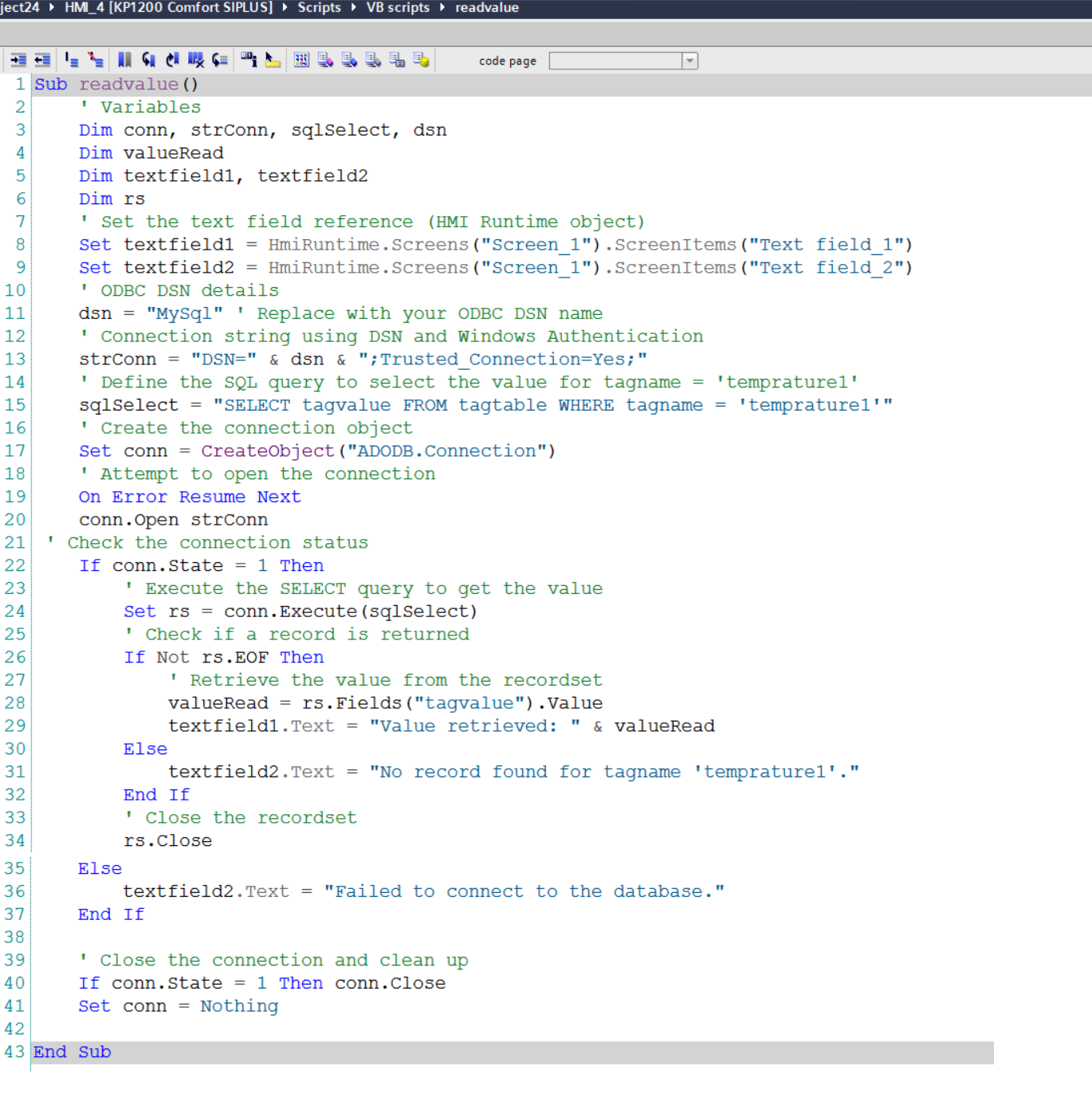 example of vbscript to read MSSQL Database table value in Siemens Wincc HMI